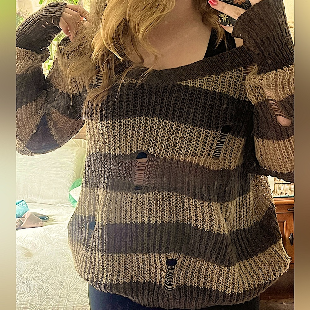 ROMWE Y2K Striped Ribbed Knit Sweater, Distressed Long Sleeve Loose Sweater